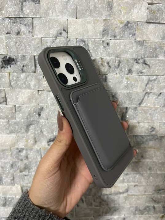 İPhone 15 Pro Max Uyumlu Gri Kartlıklı MagSafe Standlı Kılıf