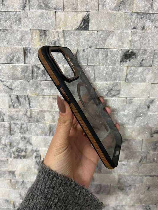 İPhone 15 Pro Max Uyumlu Kahverengi MagSafe Standlı Kılıf – Lens Çerçeveli