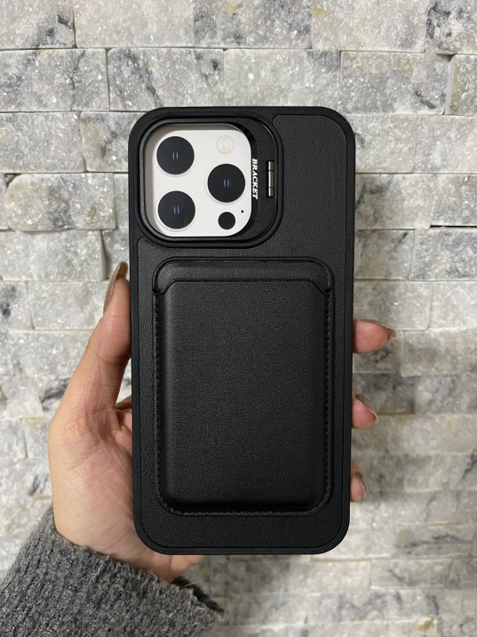 İPhone 15 Pro Max Uyumlu Siyah Kartlıklı MagSafe Standlı Kılıf