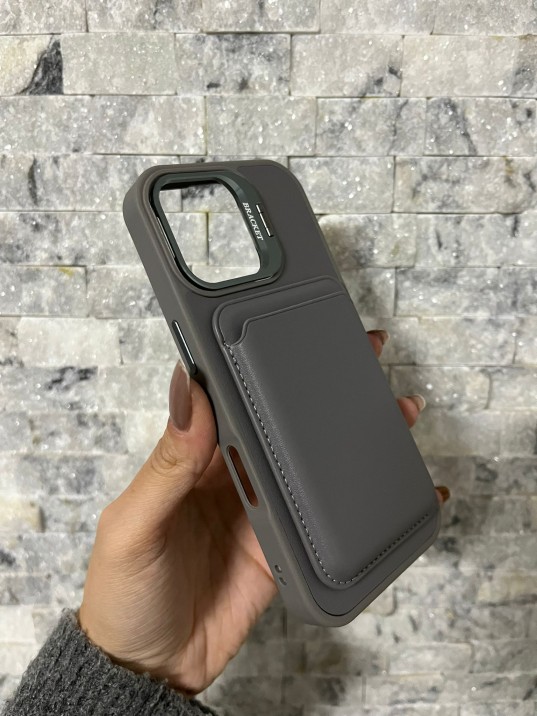 İPhone 17 Uyumlu Gri Kartlıklı MagSafe Standlı Kılıf