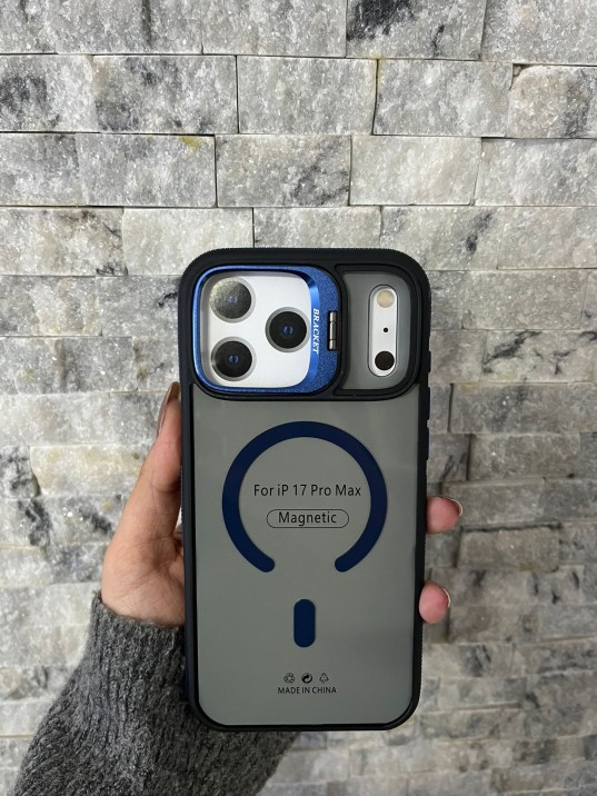 İPhone 17 Pro Max Uyumlu Lacivert MagSafe Standlı Kılıf – Lens Çerçeveli