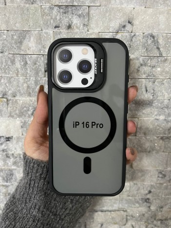 İPhone 16 Pro Uyumlu Siyah MagSafe Standlı Kılıf – Lens Çerçeveli