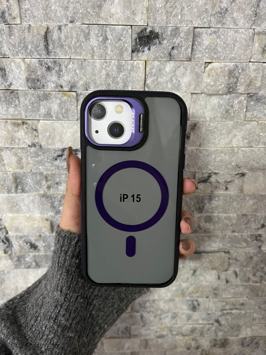 İPhone 15 Uyumlu Mor MagSafe Standlı Kılıf – Lens Çerçeveli