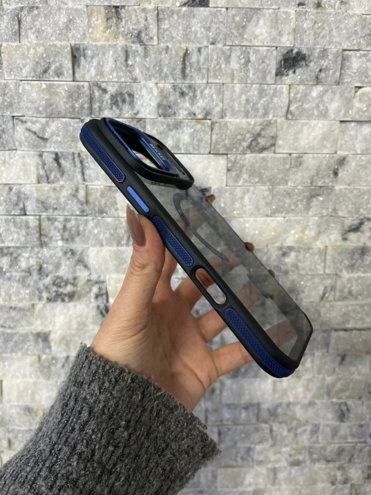 İPhone 17 Pro Max Uyumlu Lacivert MagSafe Standlı Kılıf – Lens Çerçeveli