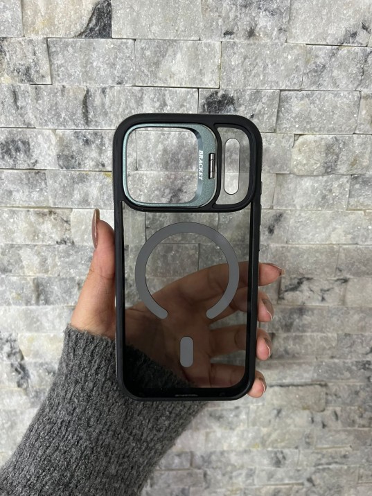 İPhone 17 Pro Uyumlu Gri MagSafe Standlı Kılıf – Lens Çerçeveli