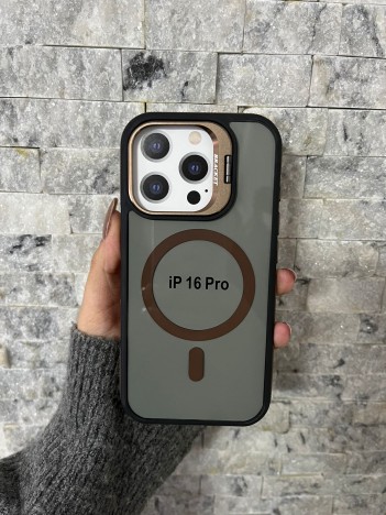İPhone 16 Pro Uyumlu Kahverengi MagSafe Standlı Kılıf – Lens Çerçeveli