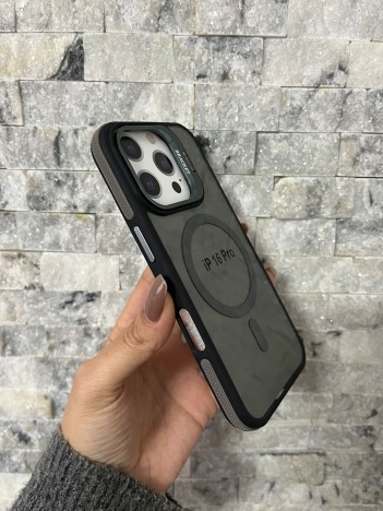 İPhone 16 Pro Uyumlu Gri MagSafe Standlı Kılıf – Lens Çerçeveli