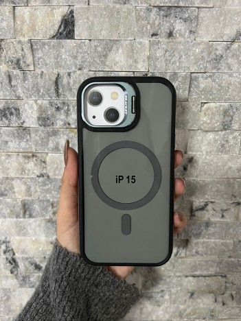 İPhone 15 Uyumlu Gri MagSafe Standlı Kılıf – Lens Çerçeveli