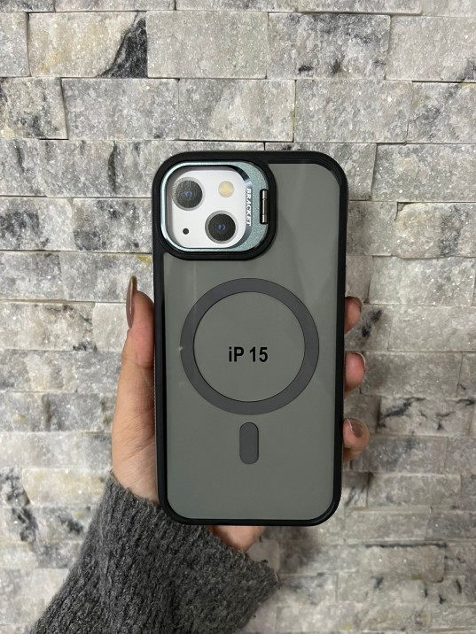 İPhone 15 Uyumlu Gri MagSafe Standlı Kılıf – Lens Çerçeveli