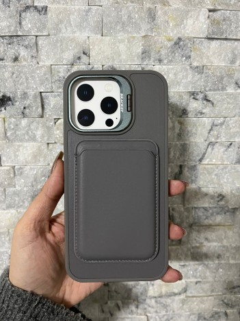İPhone 15 Pro Max Uyumlu Gri Kartlıklı MagSafe Standlı Kılıf