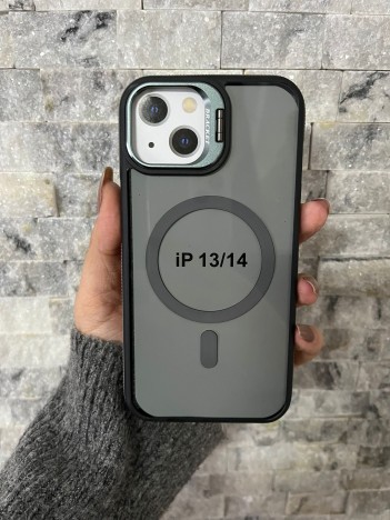 İPhone 13 / 14 Uyumlu Gri MagSafe Standlı Kılıf – Lens Çerçeveli