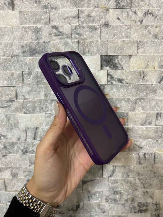 İPhone 15 Pro Uyumlu Mor MagSafe Standlı Lens Korumalı Case Pro Kılıf