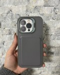 İPhone 15 Pro Uyumlu Gri Kartlıklı MagSafe Standlı Kılıf