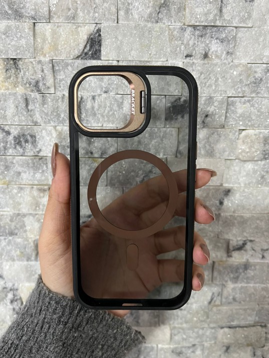 İPhone 15 Uyumlu Kahverengi MagSafe Standlı Kılıf – Lens Çerçeveli
