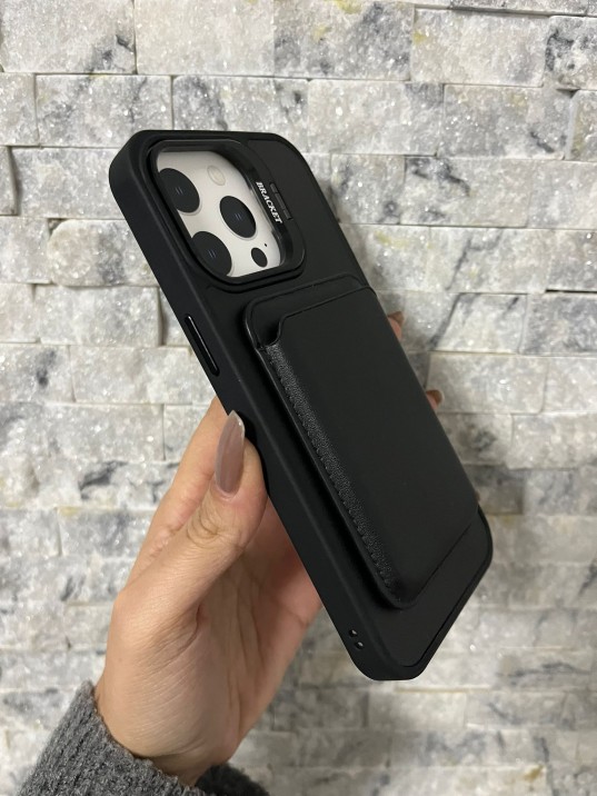 İPhone 15 Pro Max Uyumlu Siyah Kartlıklı MagSafe Standlı Kılıf