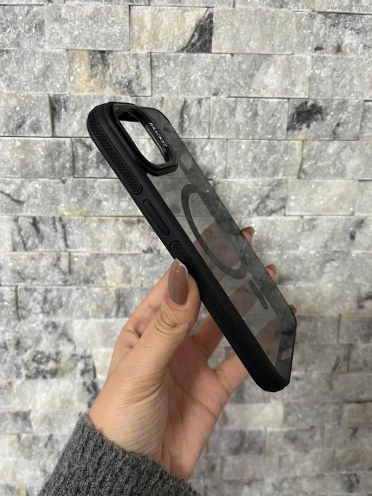 İPhone 13 / 14 Uyumlu Siyah MagSafe Standlı Kılıf – Lens Çerçeveli