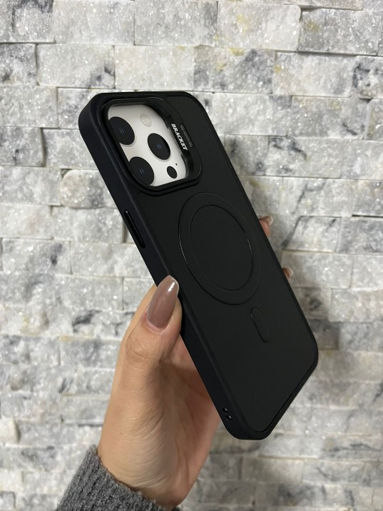 İPhone 15 Pro Max Uyumlu Siyah Kartlıklı MagSafe Standlı Kılıf