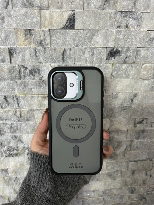 İPhone 17 Uyumlu Gri MagSafe Standlı Kılıf – Lens Çerçeveli