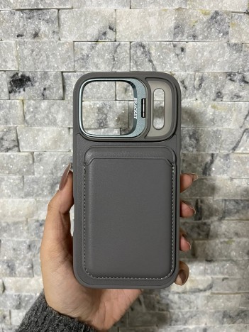 İPhone 17 Pro Uyumlu Gri Kartlıklı MagSafe Standlı Kılıf