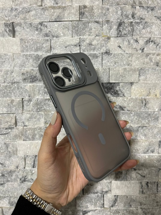 İPhone 17 Pro Max Uyumlu Gri MagSafe Standlı Lens Korumalı Case Pro Kılıf