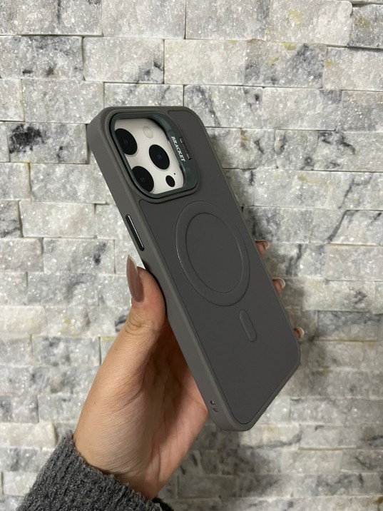 İPhone 15 Pro Max Uyumlu Gri Kartlıklı MagSafe Standlı Kılıf