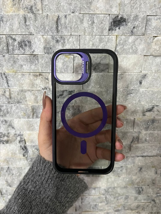 İPhone 13 / 14 Uyumlu Mor MagSafe Standlı Kılıf – Lens Çerçeveli