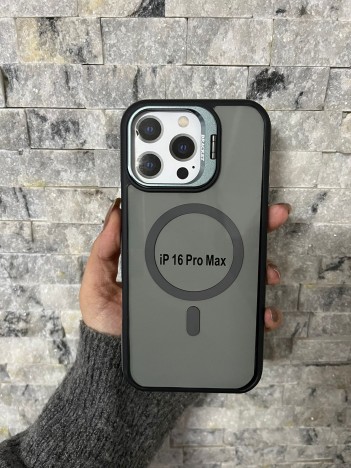 İPhone 16 Pro Max Uyumlu Gri MagSafe Standlı Kılıf – Lens Çerçeveli