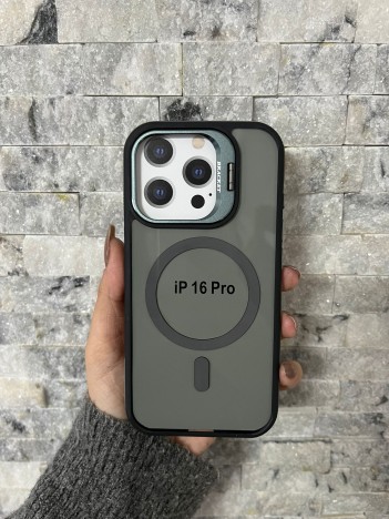 İPhone 16 Pro Uyumlu Gri MagSafe Standlı Kılıf – Lens Çerçeveli
