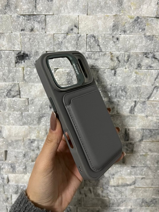 İPhone 17 Pro Uyumlu Gri Kartlıklı MagSafe Standlı Kılıf
