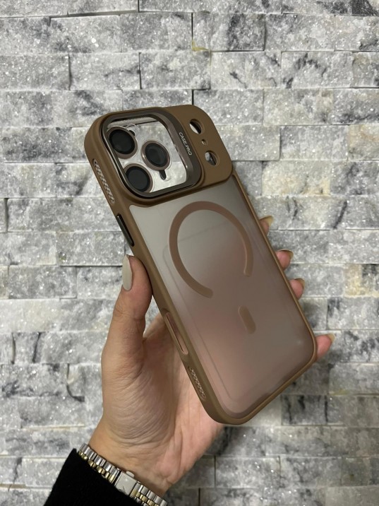 İPhone 17 Pro Max Uyumlu Kahverengi MagSafe Standlı Lens Korumalı Case Pro Kılıf