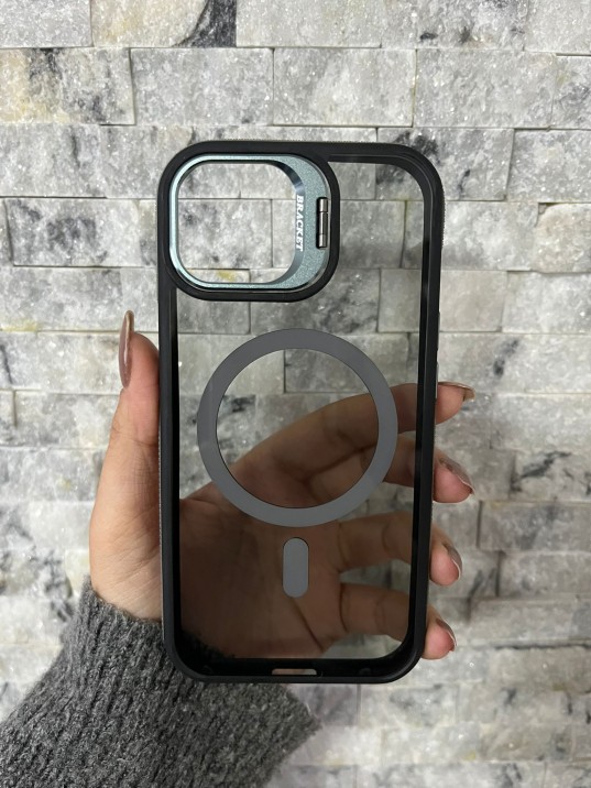 İPhone 15 Uyumlu Gri MagSafe Standlı Kılıf – Lens Çerçeveli