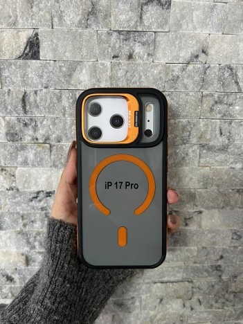 İPhone 17 Pro Uyumlu Turuncu MagSafe Standlı Kılıf – Lens Çerçeveli