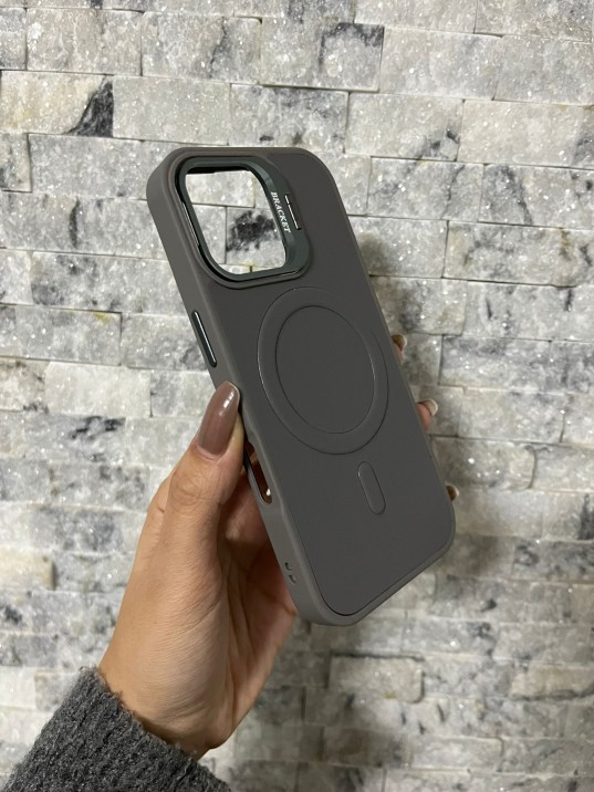 İPhone 17 Uyumlu Gri Kartlıklı MagSafe Standlı Kılıf