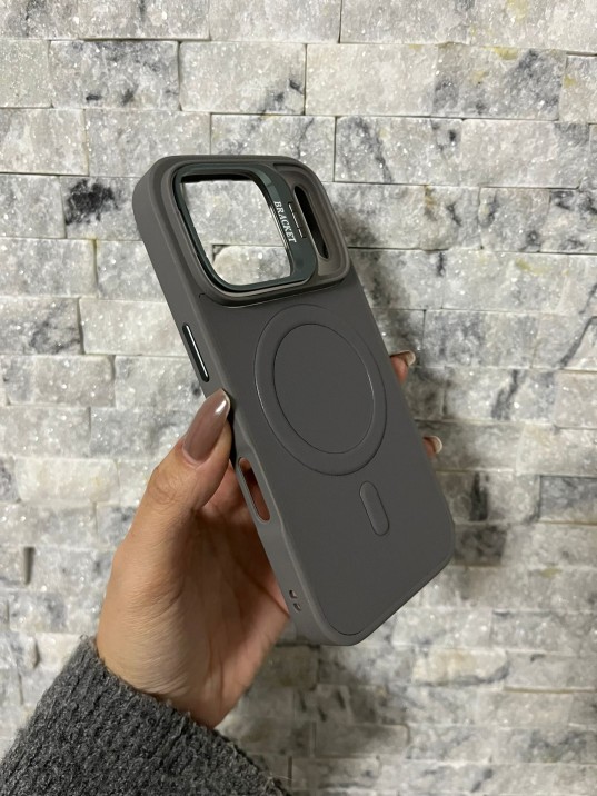 İPhone 17 Pro Uyumlu Gri Kartlıklı MagSafe Standlı Kılıf