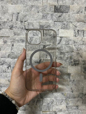 iPhone 15 Uyumlu Gri Sert Şeffaf MagSafe Premium Kılıf