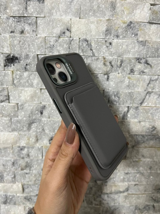İPhone 13 / 14 Uyumlu Gri Kartlıklı MagSafe Standlı Kılıf