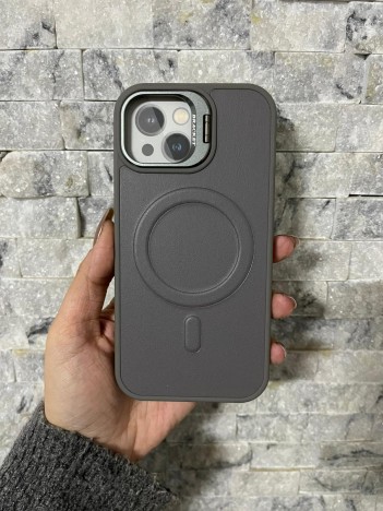 İPhone 15 Uyumlu Gri Kartlıklı MagSafe Standlı Kılıf