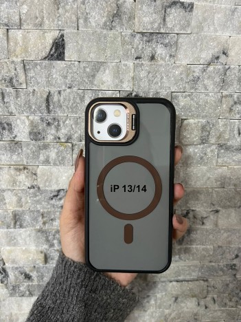 İPhone 13 / 14 Uyumlu Kahverengi MagSafe Standlı Kılıf – Lens Çerçeveli
