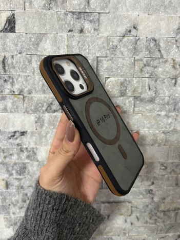 İPhone 16 Pro Uyumlu Kahverengi MagSafe Standlı Kılıf – Lens Çerçeveli