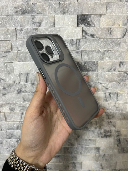 İPhone 14 Pro Uyumlu Gri MagSafe Standlı Lens Korumalı Case Pro Kılıf