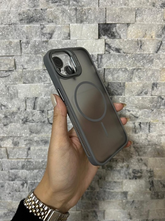 İPhone 14 Uyumlu Gri MagSafe Standlı Lens Korumalı Case Pro Kılıf