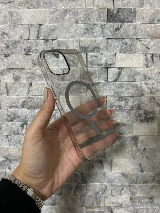 İPhone 15 Uyumlu Gri Sert Şeffaf MagSafe Premium Kılıf