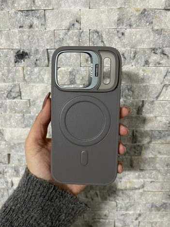 İPhone 17 Pro Uyumlu Gri Kartlıklı MagSafe Standlı Kılıf