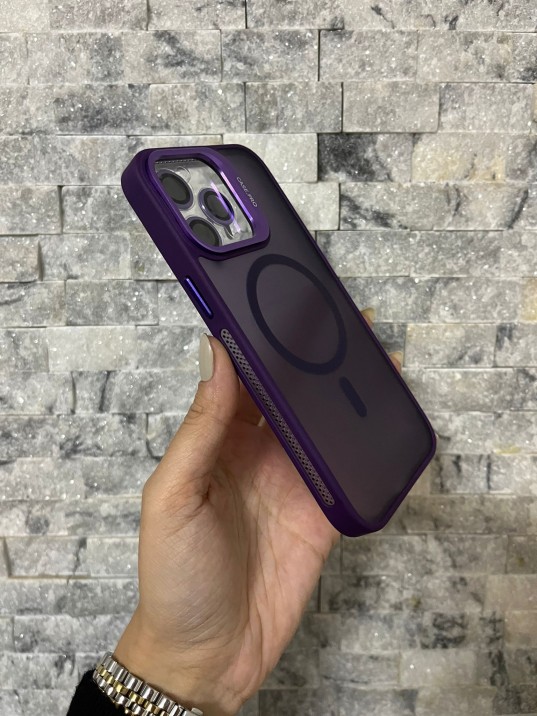 İPhone 15 Pro Max Uyumlu Mor MagSafe Standlı Lens Korumalı Case Pro Kılıf