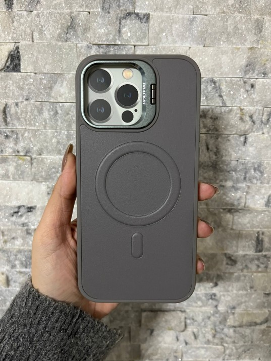 İPhone 16 Pro Max Uyumlu Gri Kartlıklı MagSafe Standlı Kılıf