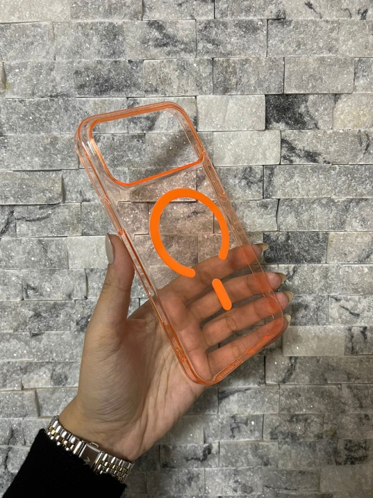 İPhone 17 Pro Max Uyumlu Turuncu Sert Şeffaf MagSafe Premium Kılıf