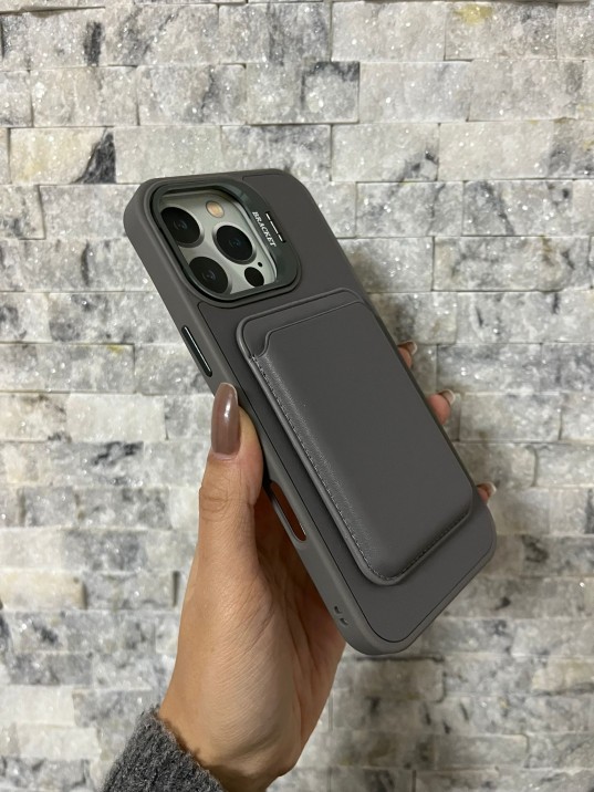 İPhone 16 Pro Max Uyumlu Gri Kartlıklı MagSafe Standlı Kılıf