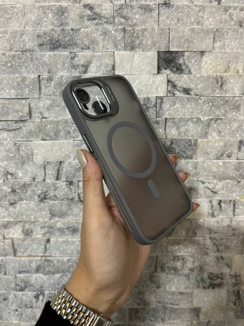 İPhone 13 Uyumlu Gri MagSafe Standlı Lens Korumalı Case Pro Kılıf