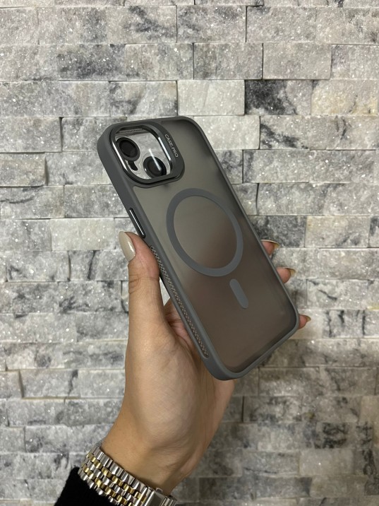 İPhone 13 Uyumlu Gri MagSafe Standlı Lens Korumalı Case Pro Kılıf