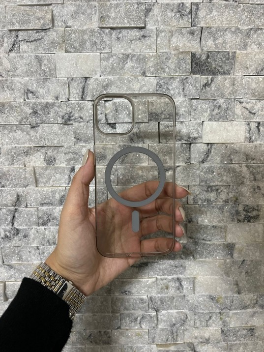 İPhone 13 Uyumlu Gri Sert Şeffaf MagSafe Premium Kılıf